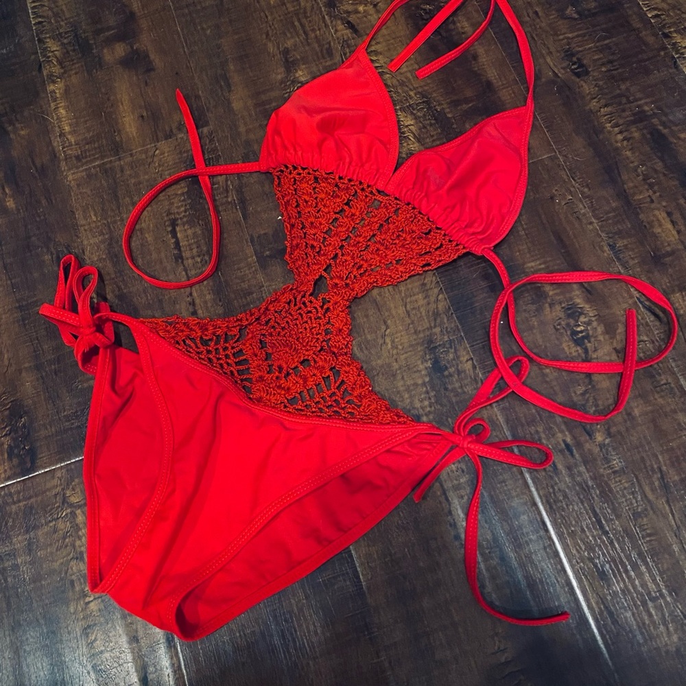 Red one piece crochet bikini